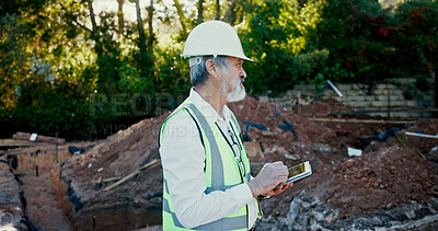 Buy stock photo Building, tablet and thinking with construction worker man on site for architecture, development or planning. Ideas, hardhat and vision with mature builder person outdoor for industrial engineering