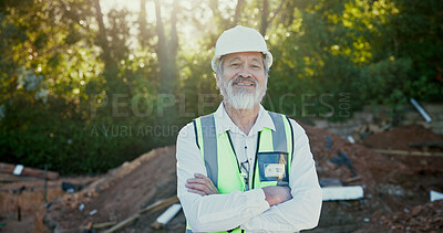Buy stock photo Smile, crossed arms and face of construction worker on site with confidence for repairs or building. Happy, pride and portrait of Asian foreman with engineering project development for maintenance.