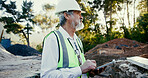 Architecture, tablet and thinking with construction worker man on site for development, inspection or planning. Ideas, hardhat and progress with builder person outdoor for industrial engineering