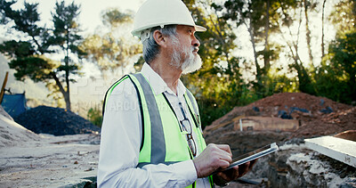 Buy stock photo Architecture, tablet and thinking with construction worker man on site for development, inspection or planning. Ideas, hardhat and progress with builder person outdoor for industrial engineering