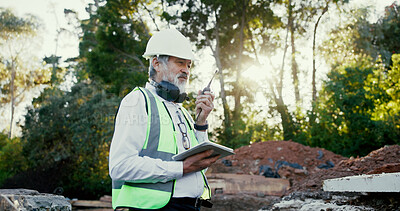 Buy stock photo Architecture, radio and tablet with construction worker man on site for communication, development or planning. Building, earmuffs and hardhat with developer person outdoor for industrial engineering