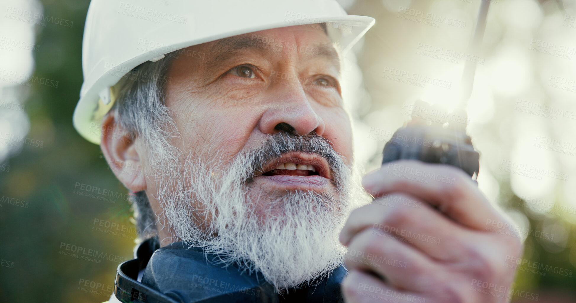 Buy stock photo Building, excavation and radio with developer man outdoor on site as construction worker. Communication, development and update with mature supervisor talking for engineering or planning as architect
