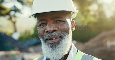 Buy stock photo Happy, construction worker and face of black man on site with confidence for repairs or building. Smile, pride and portrait of African foreman with engineering project development for maintenance.