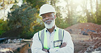 Serious, crossed arms and face of black man on site with confidence for repairs or building. Career, pride and portrait of African foreman with engineering project development for maintenance.