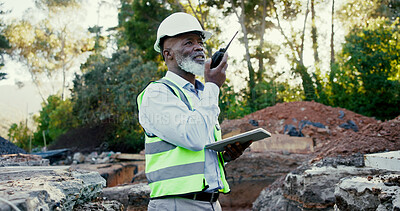 Buy stock photo Construction worker, radio and tablet with black man on site for communication, development or planning. Architecture, building and hardhat with African person outdoor for industrial engineering