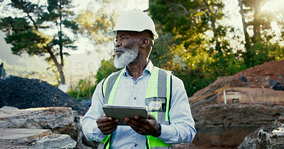 Buy stock photo Construction worker, tablet and thinking with black man on site for development or planning. Architecture, ideas and hardhat with African person outdoor for building or industrial engineering