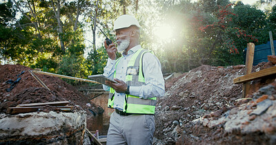 Buy stock photo Building, radio and tablet with black man developer on site for communication or planning as construction worker. Architecture, development and hardhat with person outdoor for industrial engineering