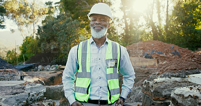 Buy stock photo Happy, black man and face of civil engineer on site with confidence for repairs or building. Smile, pride and portrait of mature African construction worker with project development for maintenance.