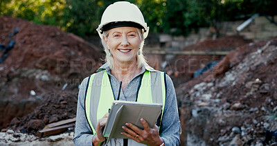 Buy stock photo Building, portrait and tablet with construction worker woman on excavation site for development or planning. Architecture, hardhat and smile with mature person outdoor for industrial engineering
