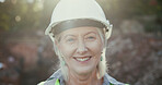 Happy, woman and portrait of construction worker on site with confidence for repairs or building. Smile, pride and face of mature female foreman with engineering project development for maintenance.