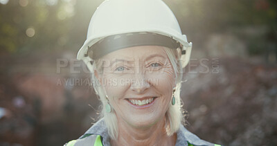 Buy stock photo Happy, woman and portrait of construction worker on site with confidence for repairs or building. Smile, pride and face of mature female foreman with engineering project development for maintenance.