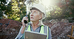 Building, radio and tablet with construction worker woman on excavation site for development or planning. Architecture, communication and thinking with mature developer outdoor for engineering