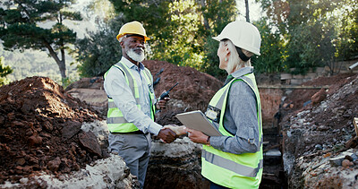 Buy stock photo Construction site, handshake and people happy for partnership outdoor to start foundation. Man, woman or engineers with radio for excavation, agreement or collaboration and shaking hands for deal