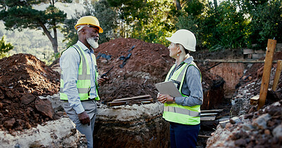 Buy stock photo Engineering, people and meeting on construction site with tablet, discussion and problem solving in foundation. Woman inspector, mature team and tech on worksite with planning for project management