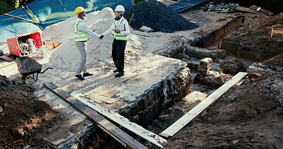Buy stock photo Construction site, handshake and engineer people in partnership outdoor to start foundation. Mature men, foreman or employees from above for excavation, agreement or collaboration and shaking hands