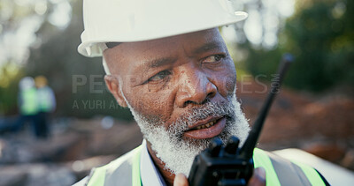 Buy stock photo Building, excavation and radio with developer black man outdoor on site as construction worker. Communication, development and update with supervisor talking for architecture, engineering or planning