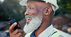 Building, radio and smile with developer black man outdoor on site as construction worker. Communication, excavation and update with supervisor talking for architecture, engineering or planning