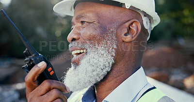 Buy stock photo Building, radio and smile with developer black man outdoor on site as construction worker. Communication, excavation and update with supervisor talking for architecture, engineering or planning
