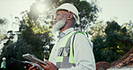 Building, radio and tablet with developer black man on excavation site for communication, thinking or planning. Architecture, earmuffs and hardhat with construction worker outdoor for engineering