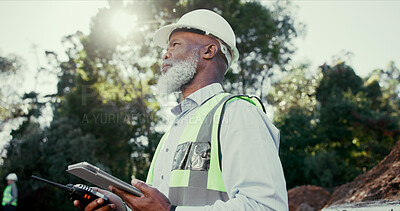 Buy stock photo Building, radio and tablet with developer black man on excavation site for communication, thinking or planning. Architecture, earmuffs and hardhat with construction worker outdoor for engineering