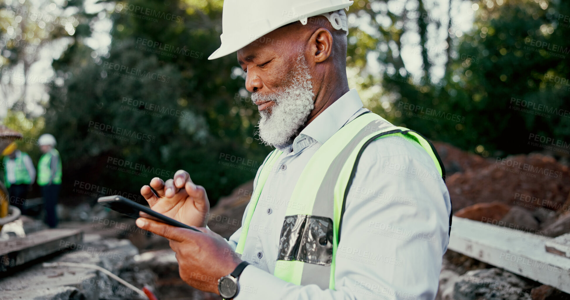 Buy stock photo Building, development and phone with construction worker black man on site for communication or planning. Architecture, app and hardhat with mature developer outdoor for engineering or excavation