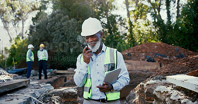 Buy stock photo Building, radio and tablet with developer man on excavation site for communication, planning or update. Architecture, conversation and hardhat with construction worker outdoor for engineering