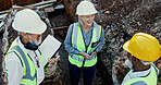 Engineering, people and happy on construction site for meeting, discussion and problem solving in foundation. Woman inspector, above team and smile on worksite for planning, project progress and tech