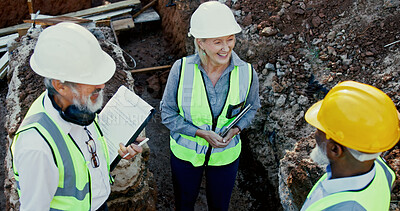 Buy stock photo Engineering, people and happy on construction site for meeting, discussion and problem solving in foundation. Woman inspector, above team and smile on worksite for planning, project progress and tech