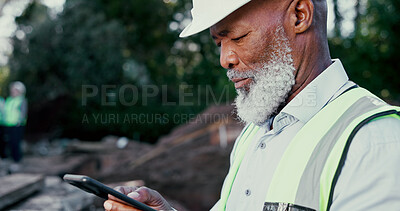 Buy stock photo Building, excavation and phone with construction worker black man on site for development or planning. Architecture, app and communication with mature developer outdoor for industrial engineering