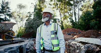 Buy stock photo Building, inspection and thinking with construction worker black man on site for development or planning. Architecture, excavation and walking with mature developer outdoor for industrial engineering