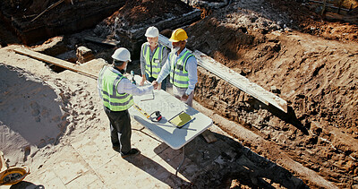Buy stock photo Construction team, handshake and engineer people in partnership outdoor with foundation blueprint. Men, women or above employees with deal for excavation, agreement or architecture with shaking hands