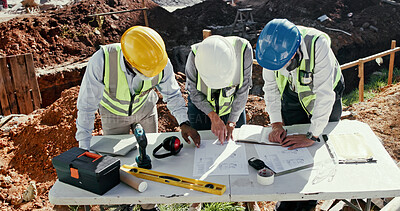 Buy stock photo Blueprint, people and team on construction site for planning, check design or engineering collaboration. Architect group, building layout or pointing in meeting for brainstorming, compliance or above