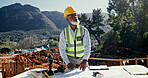 Thinking, black man and architect with blueprint at site for planning, inspection and ideas for design. Mature person, thoughts and document of quality control, infrastructure progress and renovation