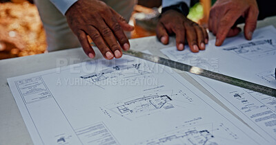 Buy stock photo Hands, architecture or people with blueprint for engineering, check design and construction site. Infrastructure, paper and engineers planning in meeting for brainstorming, compliance and floor plan