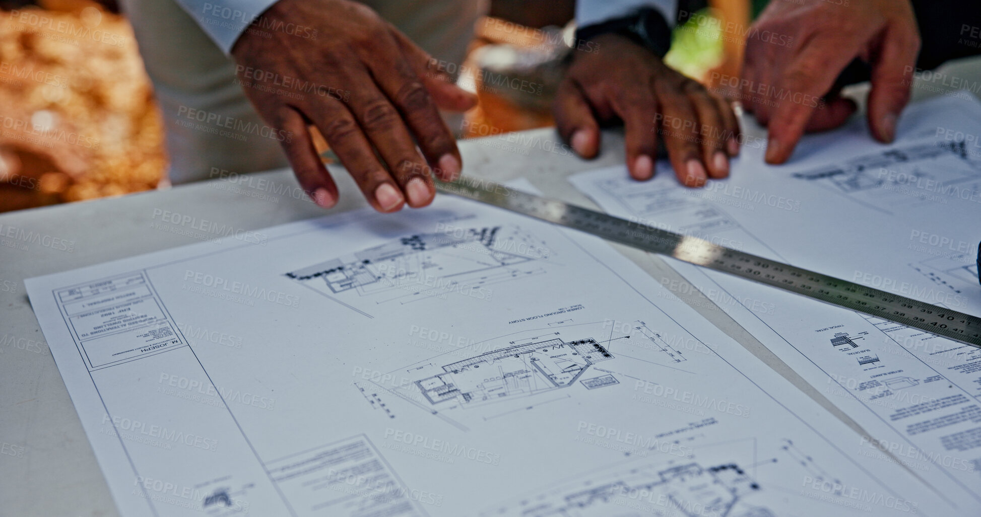 Buy stock photo Hands, architecture or people with blueprint for engineering, check design and construction site. Infrastructure, paper and engineers planning in meeting for brainstorming, compliance and floor plan