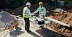 Construction worker, handshake and engineer people in partnership outdoor to start foundation. Mature men, foreman or employees with deal for excavation, agreement or collaboration and shaking hands