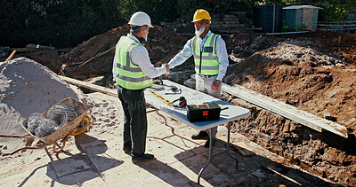 Buy stock photo Construction worker, handshake and engineer people in partnership outdoor to start foundation. Mature men, foreman or employees with deal for excavation, agreement or collaboration and shaking hands