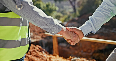 Buy stock photo Construction site, partnership and people shaking hands for agreement outdoor for development deal. Men, builder or engineers together for excavation, contract or collaboration with handshake