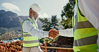 Buy stock photo Collaboration, construction team and happy people shaking hands outdoor for deal on nature development. Mature man, excited or engineers together for excavation, contract or agreement with handshake