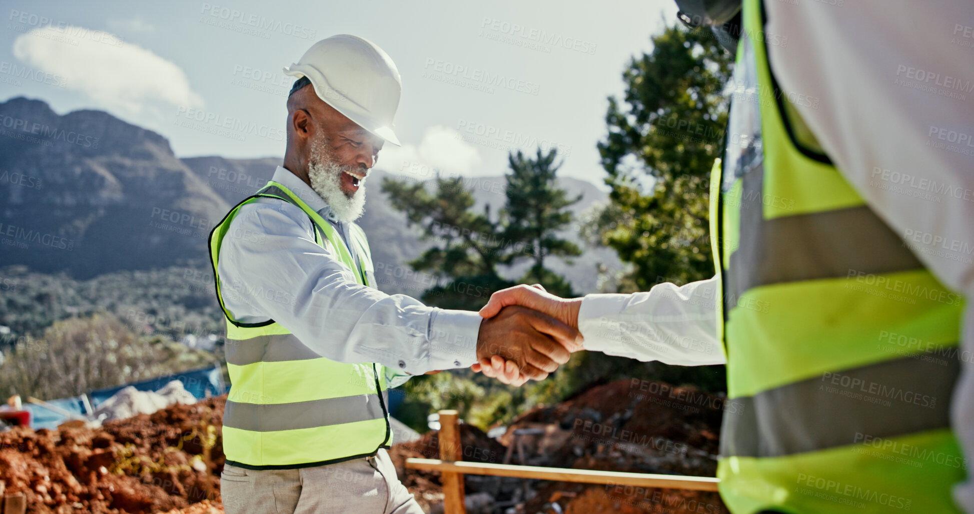 Buy stock photo Collaboration, construction team and happy people shaking hands outdoor for deal on nature development. Mature man, excited or engineers together for excavation, contract or agreement with handshake
