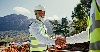 Buy stock photo Collaboration, construction team and handshake of people outdoor for deal on nature development. Mature man, tablet or engineers together for excavation, contract or agreement while shaking hands