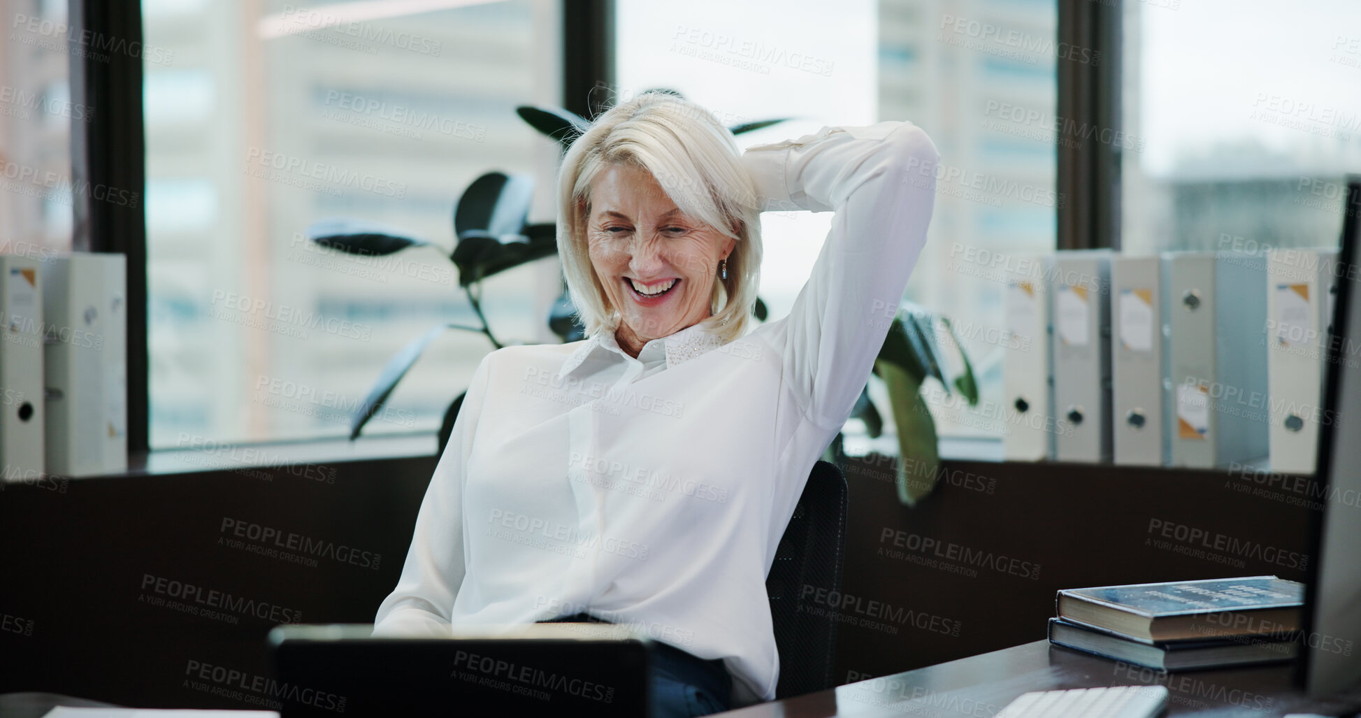 Buy stock photo Tablet, smile and reading with business woman in office for client invoice, account payroll and digital report. Feedback, growth and capital profit with mature person for planning, success and news