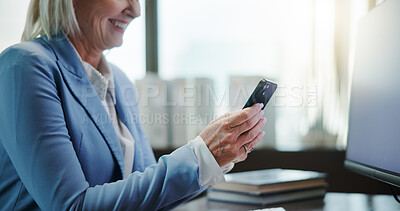 Buy stock photo Hands, business and woman with phone in office for communication, financial report and good news. Smile, mature person and mobile for research, finance website and schedule update of funding feedback