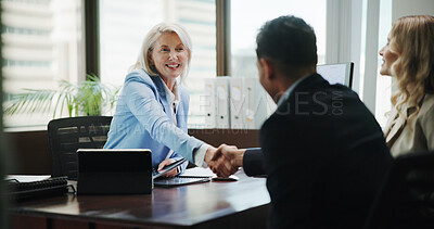 Buy stock photo Business, woman and handshake with couple in office for finance consultation, debt management and welcome. Financial advisor, mature person and shaking hands in meeting for insurance planning or help