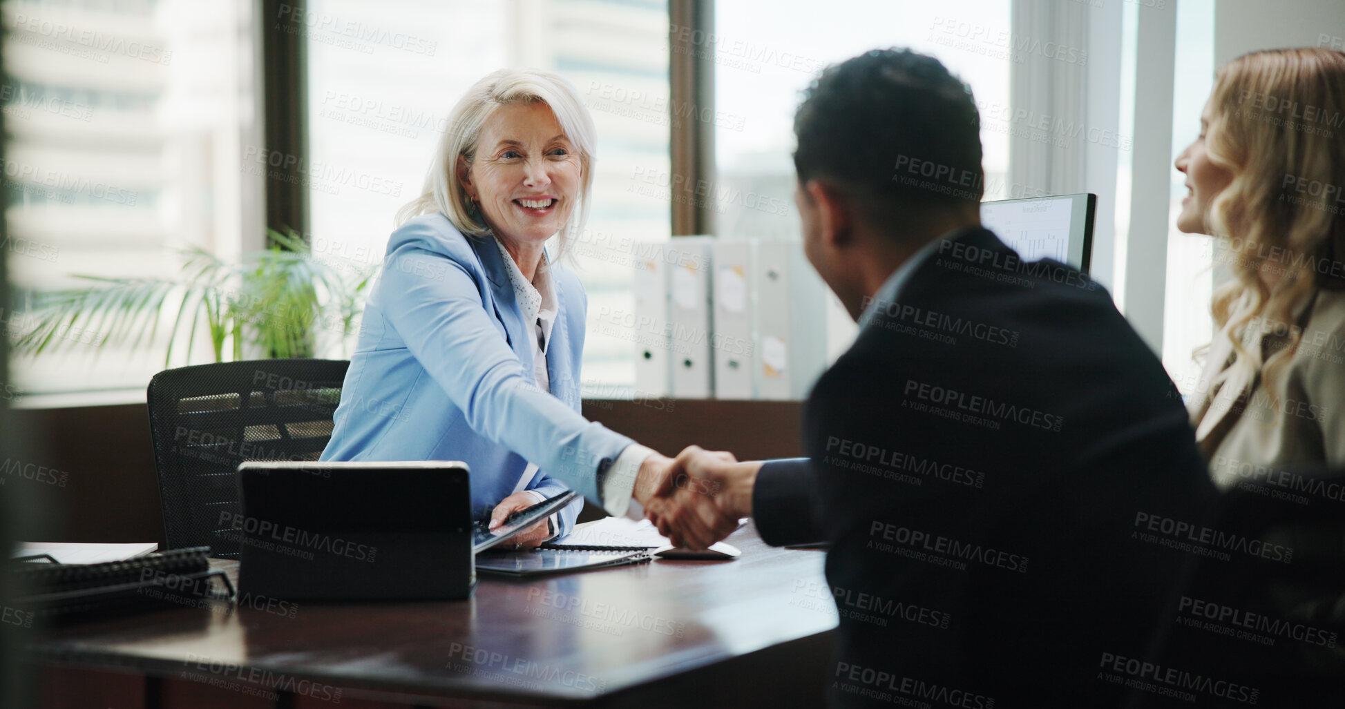 Buy stock photo Business, woman and handshake with couple in office for finance consultation, debt management and welcome. Financial advisor, mature person and shaking hands in meeting for insurance planning or help