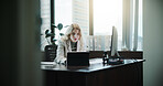 Tablet, online and reading with business woman in office for client invoice, account payroll and digital report. Feedback, finance statements and capital profit with person in agency for planning