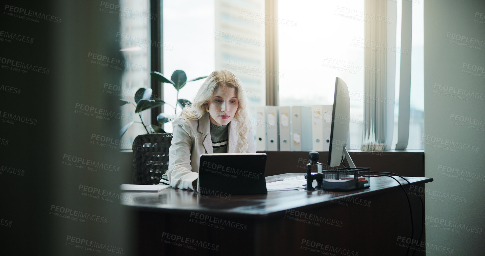 Buy stock photo Tablet, online and reading with business woman in office for client invoice, account payroll and digital report. Feedback, finance statements and capital profit with person in agency for planning