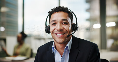 Buy stock photo Man, call center and portrait in office with smile for contact us, communication or telecom agency. Consultant, customer service and CRM help desk with support, advice and agent in coworking space