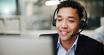 Buy stock photo Man, call center and computer in office with smile for contact us, communication or telecom agency. Consultant, customer service and CRM help desk with support, advice and agent in workplace