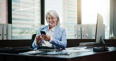 Buy stock photo Business, woman and laugh with phone in office for communication, financial report and good news. Smile, mature person and mobile for funny video, schedule update and notification of funding feedback
